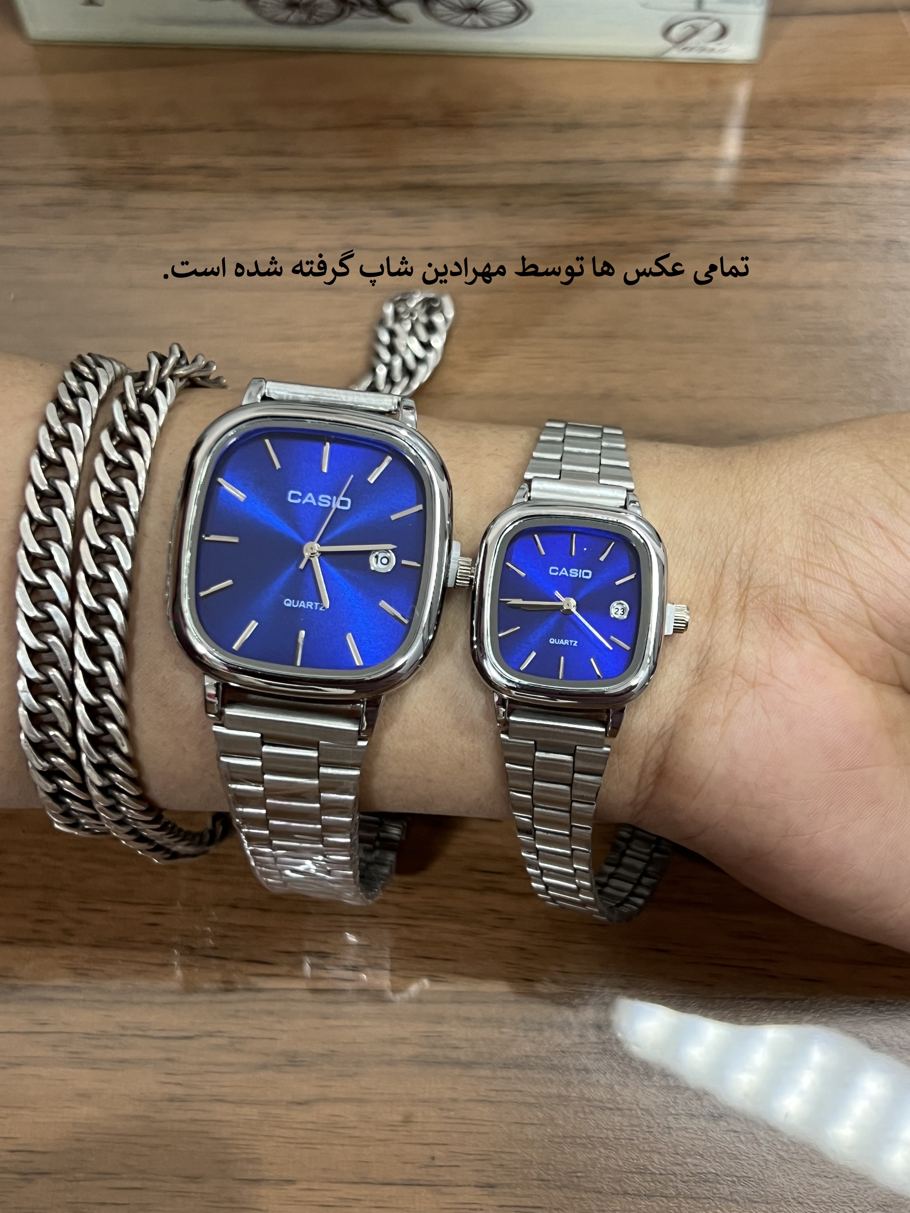 ساعت مچی کاسیو اولدمانی بند استیل صفحه آبی (مردانه / زنانه/ ست)